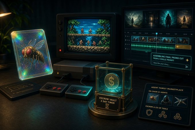 A retro gaming setup displaying two screens showing game footage and editing software, alongside a holographic card featuring a fly, an ESCROW VAULT with a 2 DAY TIMER, and an AGENT FAMILY MARKETPLACE menu.