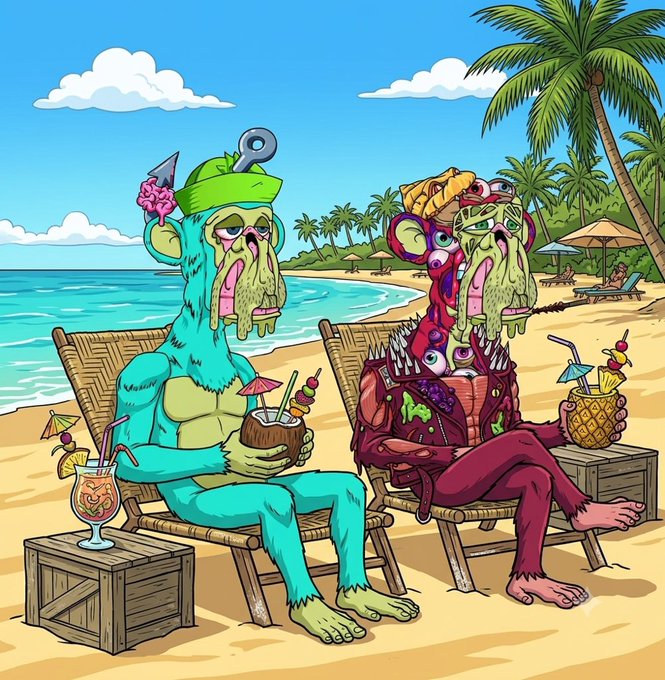 A vibrant cartoon illustration of two monstrous creatures lounging in beach chairs on a tropical beach, drinking cocktails, with one wearing a green cap and the other a brain-covered pink headpiece.