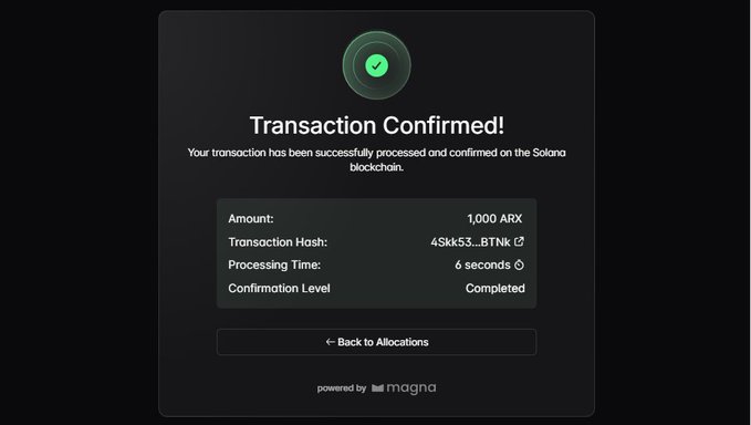 The image displays a screen with a message saying that "Transaction Confirmed!" On this screen, there are two tables, one of which has details about an online payment process related to Bitcoin transactions. The other table shows information for an imaginary amount of $ARX (allocated to it). It seems as though someone has successfully completed their payment and the transaction has been confirmed on the Bitcoin network.
