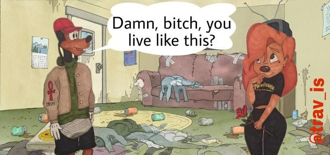 An edited cartoon scene featuring Goofy and a female dog character in a messy living room, with Goofy saying 'Damn, bitch, you live like this?' and a watermark reading 'artav_is'.