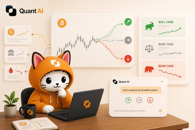 An illustrated advertisement for Quant AI featuring a cat mascot in a hoodie at a laptop, with stock charts showing bull, base, and bear case scenarios.