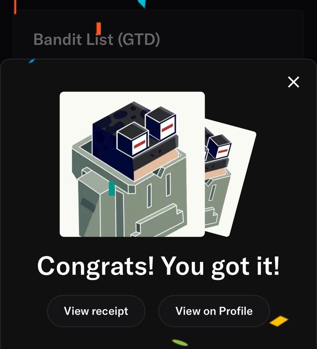 A mobile app achievement screen displaying 'Bandit List (GTD)' with an isometric illustration of a building, the message 'Congrats! You got it!', and buttons for 'View receipt' and 'View on Profile'.