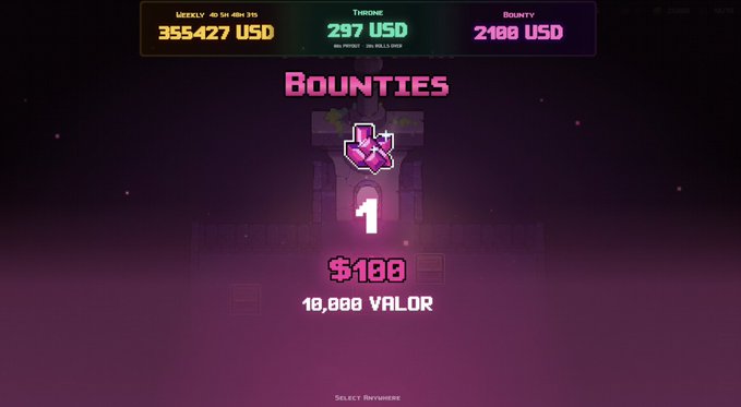 A video game bounty reward screen showing 'BOUNTIES' for Theone with a $100 reward and 10,000 VALOR, featuring weekly earnings of 355,427 USD, throne earnings of 297 USD, and bounty earnings of 2,100 USD.