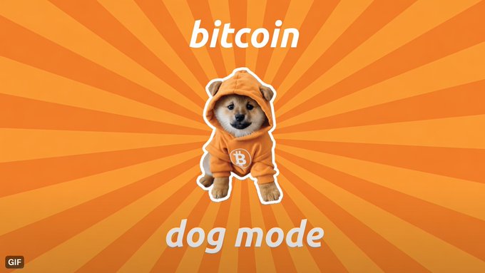 A Shiba Inu dog wearing an orange hoodie with a Bitcoin logo, set against an orange sunburst background with the text 'bitcoin' above and 'dog mode' below.