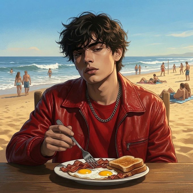 An illustrated artwork of a stylish young man with curly hair in a red leather jacket eating a breakfast plate of eggs, bacon, and toast on a beach.