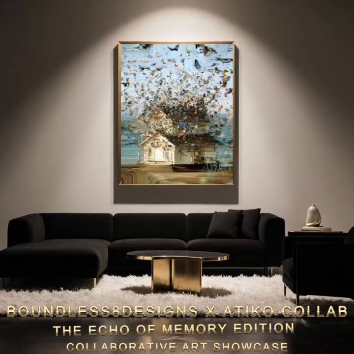 The image features a living room with black furniture, including a couch and two chairs. A large painting of a house surrounded by birds is displayed prominently above the couch. The background of the image is white, which contrasts nicely with the dark colors of the furniture. There are also some text elements in the image that read "BOUNDLESS&DESIGNS X @ATIKO COLAB THE ECHO OF MIND EDITION Collaborative Art Showcase".