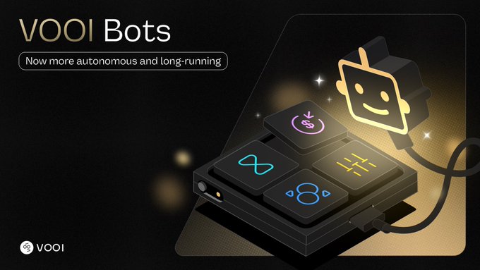 A promotional graphic for 'VOOI Bots' with the tagline 'Now more autonomous and long-running', showing stylized 3D icons of trading tools including charts, infinity symbols, and dollar signs.