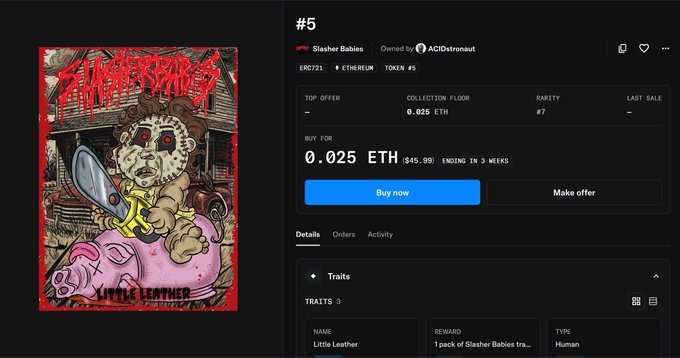 An NFT marketplace listing for 'Slasher Babies' #5 titled 'Little Leather', priced at 0.025 ETH, showing a horror-themed illustration of a creepy doll-like figure on a pink pig.