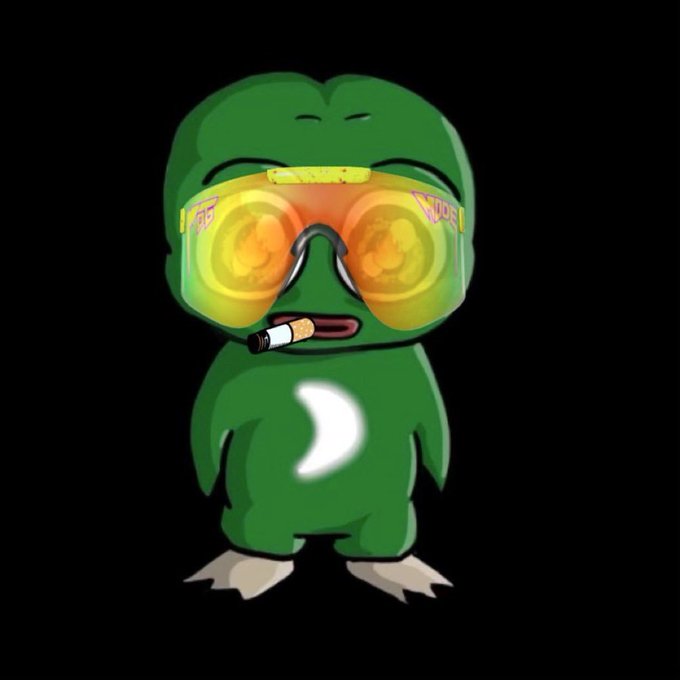 A green cartoon dinosaur-like character wearing large yellow goggles with brain designs smokes a cigarette against a black background.