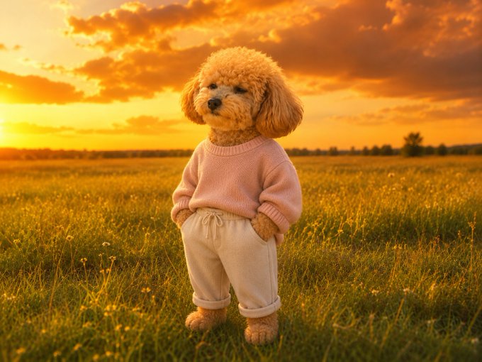 A fluffy dog named Coco stands upright in a field wearing a pink sweater and beige pants at sunset, embodying the "OG is OG" message of the post. The address 0x3AaA874b93612bF3f683b85e2739e81eaB38321e and token ticker $COCO accompany the meme-style image, which humorously portrays Coco as a knowing, dignified figure worth holding onto.