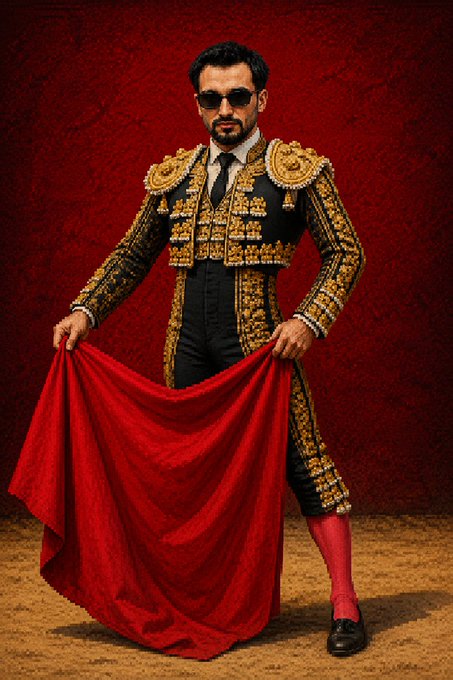 The image features a man dressed as a bullfighter, wearing a full-body costume with gold accents and red curtains over his eyes. He stands against a red background, holding up a red curtain that covers most of his body except for his head and shoulders. The caption suggests that there might be fewer bulls left in the market, possibly indicating an unusual or out-of-the-ordinary event related to bullfighting.

The man's attire and the presence of the red curtain create a striking visual effect, drawing attention to him as the main subject of the image.