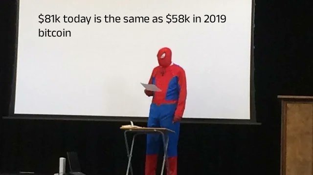 A person dressed as Spider-Man stands at a podium giving a presentation; the slide behind them reads '$81k today is the same as $58k in 2019 bitcoin'.