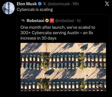 A screenshot of Elon Musk's X post quoting Robotaxi (@robotaxi) announcing "One month after launch, we've scaled to 300+ Cybercabs serving Austin – an 8x increase in 30 days," accompanied by an aerial image showing rows of white Cybercab vehicles lined up in a lot, reinforcing $TSLA's autonomous ride-hailing expansion.