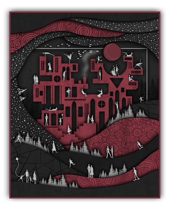The image features a large, colorful paper cut artwork depicting a cityscape with buildings and people. The artwork is predominantly red and black, creating an abstract representation of a city scene. There are numerous figures scattered throughout the piece, including some standing on top of buildings or walking around in various positions. The art style appears to be a mix of cartoon-like elements and traditional paper cut techniques, giving it a unique and eye-catching appearance.