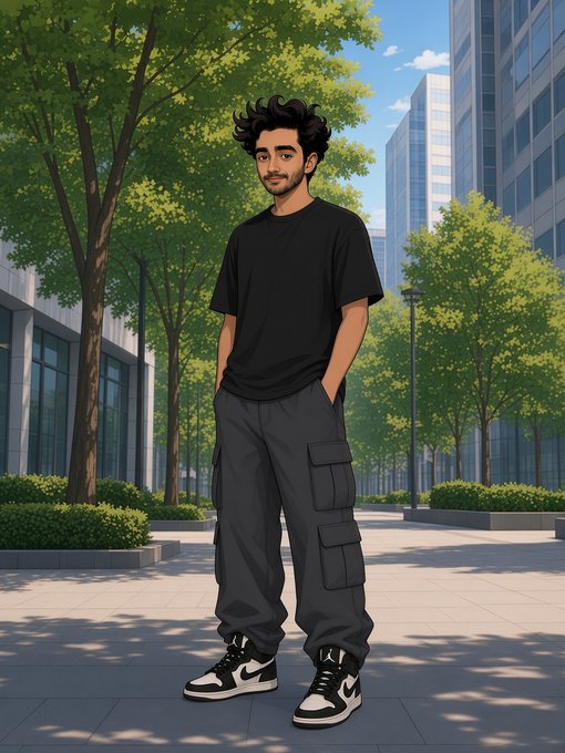 An anime-style illustration of a young man with dark hair standing on a city street, wearing a black t-shirt, dark cargo pants, and black and white sneakers.