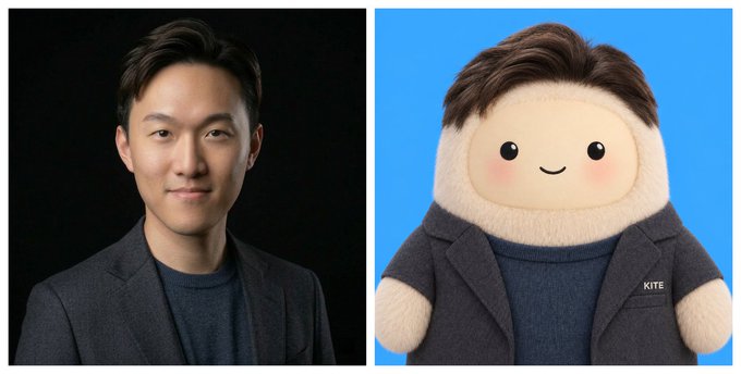 Side-by-side image of a young Asian man in a suit and a plush doll that resembles him, labeled 'KITE'.