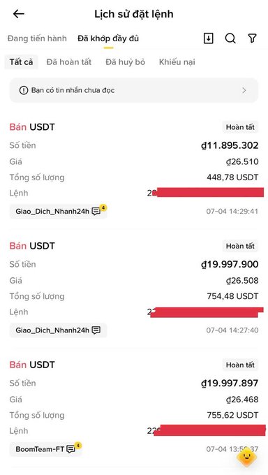 A Vietnamese cryptocurrency trading history screen shows completed USDT sell orders, including a ₫11,895,302 transaction at đ26,510 for 448.78 USDT executed via Giao_Dich_Nhanh24h.