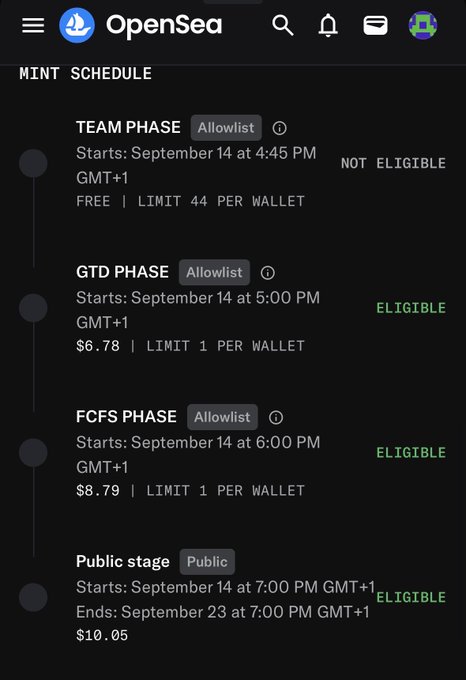 The image shows an OpenSea mint schedule with four phases on September 14: Team Phase (free, limit 44 per wallet, marked "Not Eligible"), GTD Phase at $6.78, FCFS Phase at $8.79, and Public stage at $10.05, with the user marked "Eligible" for the latter three phases—aligning with the post's excitement about securing a whitelist spot for the "boymeetsh00d" mint.