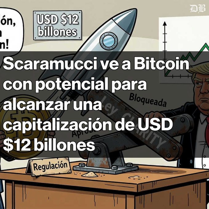 Cartoon illustration showing a missile-shaped Bitcoin launching, with Spanish text overlay reading 'Scaramucci ve a Bitcoin con potencial para alcanzar una capitalización de USD $12 billones' and a 'USD $12 billones' sign.