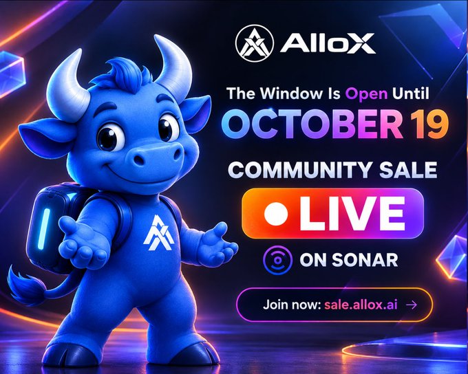 A blue cartoon bull mascot wearing an AlloX-branded backpack appears alongside promotional text reading "AlloX," "The Window Is Open Until OCTOBER 19," "COMMUNITY SALE LIVE ON SONAR," and "Join now: sale.allox.ai." The image promotes the post's announcement of $ALLOX's live community sale on Sonar, highlighting the project's onchain credentials of 2.6M+ registered wallets and $57M+ invested.