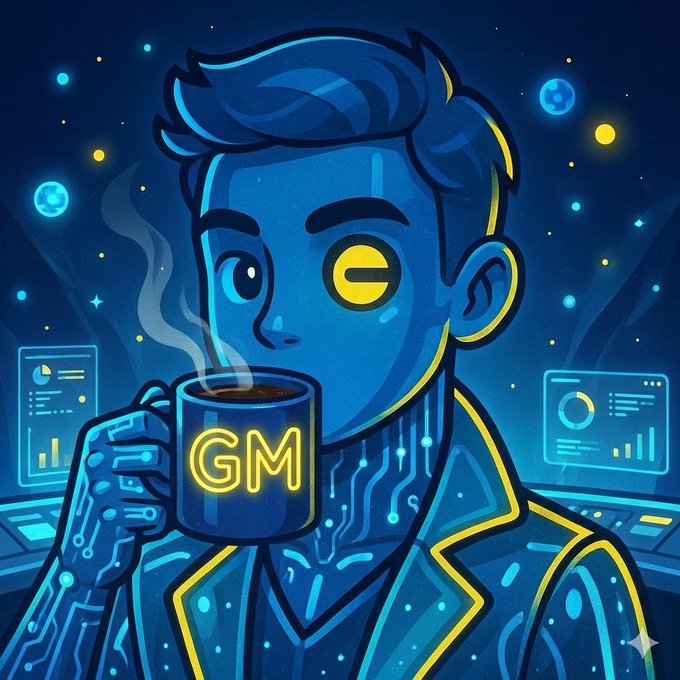 A stylized digital cartoon of a blue-haired character drinking coffee from a mug labeled 'GM' (Good Morning), set against a dark blue tech-themed background with data charts.
