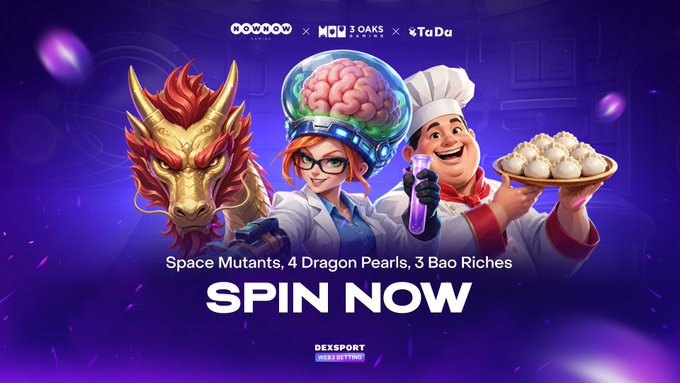 A Dexsport Infinite promotional banner with the text 'Space Mutants, 4 Dragon Pearls, 3 Bao Riches SPIN NOW', featuring 3D character illustrations of a golden dragon, a scientist with a brain in a dome, and a chef holding dumplings, in partnership with MAYU 3 OAKS and TaDu.