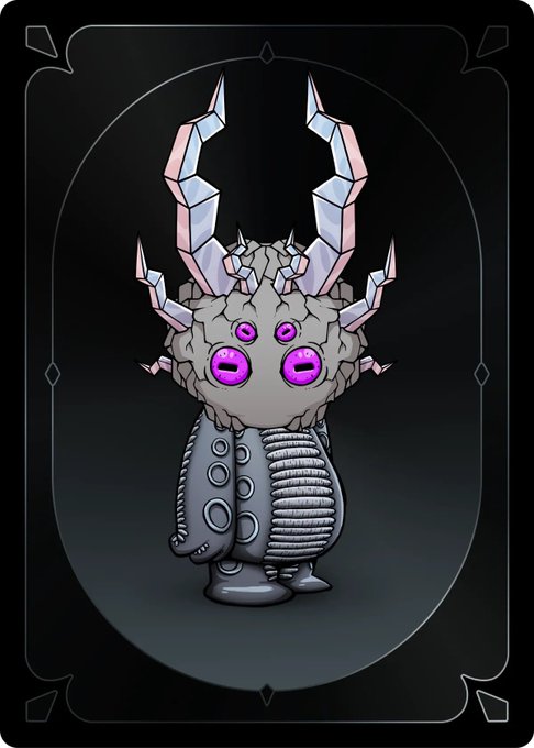 A digital illustration of a fantasy creature resembling a multi-eyed, horned larva or grub-like monster with crystalline protrusions, set against a dark tarot card-style background.