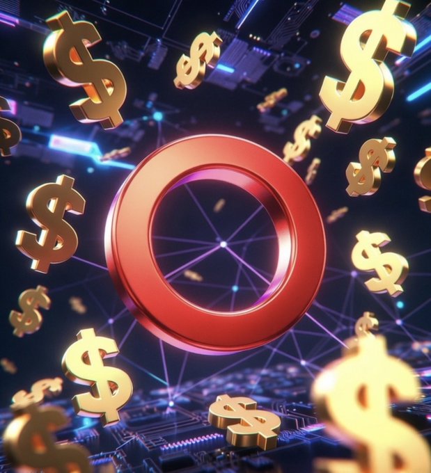 A vibrant 3D digital artwork featuring a large red ring in the center, surrounded by floating golden dollar signs against a dark background with blue neon lights and a glowing network pattern.