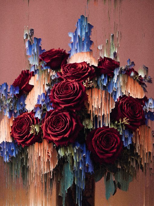 An artistic digital composition featuring a cluster of dark red roses overlaid with glitch-like vertical streaks of blue and orange on a dusty pink background.