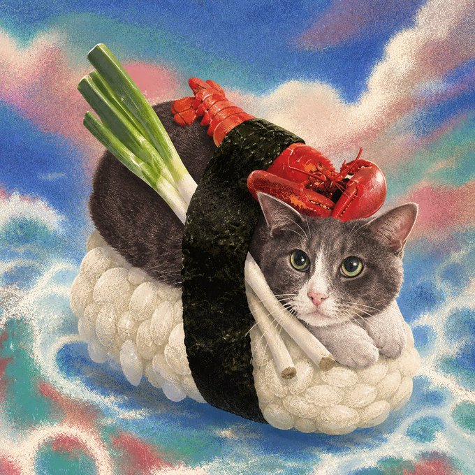 A gray and white cat nestled in sushi rice, wrapped with a seaweed roll, lobster, shrimp, and scallions, floats above pastel waves and clouds. The whimsical feline-sushi creation matches the post's promo of the "SushiCat" NFT collection on OpenSea.