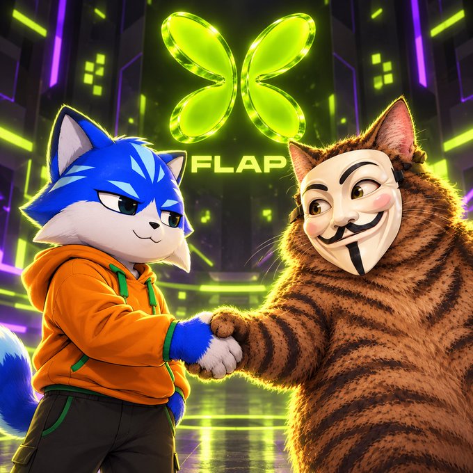 A vibrant digital illustration of an anthropomorphic blue fox character shaking hands with a striped cat wearing a V for Vendetta mask, beneath a glowing green 'FLAP' logo.