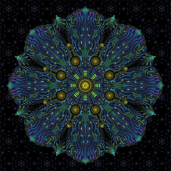 An intricate, symmetrical psychedelic fractal mandala in vibrant blues, greens, purples, and yellows on a black background.