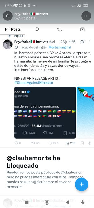A screenshot of an Instagram-style feed from 'FayeYoko ❤ forever' with a Spanish post about 'NINESTAR RELEASE ARTIST #StandAgainstNinestar', alongside a notification that '@claubemor te ha bloqueado' (has blocked you).