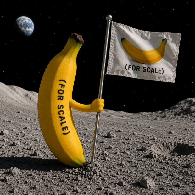 An anthropomorphic banana labeled "(FOR SCALE)" plants a flag bearing its own image and the same "(FOR SCALE)" text on the lunar surface, with Earth visible in the starry sky—perfectly illustrating the post's playful tribute to humanity's giant leap for "meme-kind."