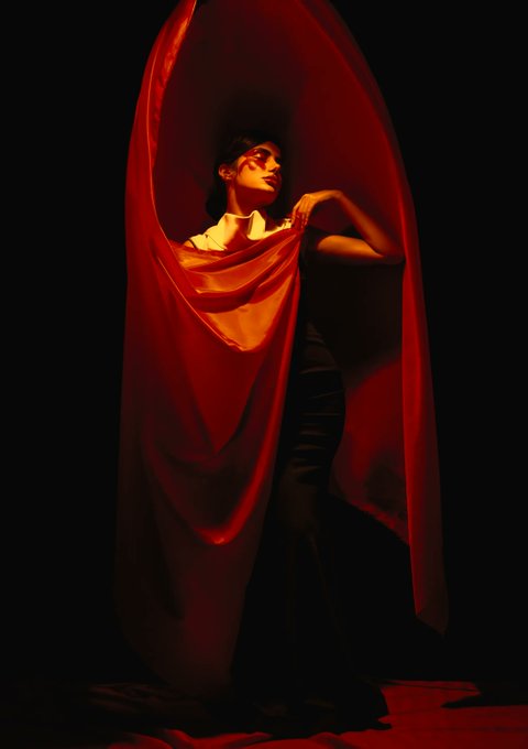 The image features a woman dressed in a long, flowing red dress with black accents standing in front of a blurred background. The photograph appears to be taken at sunset or night time due to the lighting, creating an atmospheric and dreamy quality to the scene. In the accompanying text posted on social media, it seems that the photo was staged for the purpose of sharing a ritual between light and shadow, with the woman standing in front of a bonfire as if she is confessing her life to be alive amidst a world that requires silence. The image captures this moment beautifully, emphasizing the contrasts between fire and darkness, while evoking feelings of introspection and contemplation about life's deeper meaning.