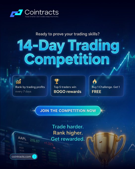 This is a promotional graphic for Cointracts' 14-Day Trading Competition, featuring the tagline "Trade harder. Rank higher. Get rewarded." along with key details: rankings based on trading profits every 7 days, BOGO rewards for the top 5 traders, and a "Buy 1 Challenge, Get 1 FREE" offer, with a call-to-action button to "JOIN THE COMPETITION NOW."

The image directly illustrates the post's announcement of the upcoming competition launching August 15, visually promoting the BOGO rewards and ranking-based challenge that follows the current campaign ending August 14.