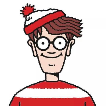 A cartoon illustration of a character with round glasses, brown hair, and a red and white striped sweater wearing a Santa hat with a pom-pom.