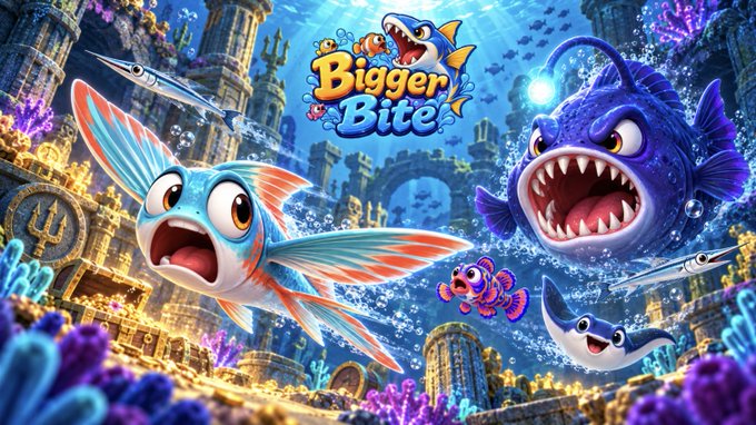 The image is promotional artwork for the game "Bigger Bite," featuring a vibrant underwater scene with an orange and blue fish appearing shocked alongside a menacing purple anglerfish, set against a sunken city backdrop with coral reefs. The "Bigger Bite" logo is displayed prominently at the top, matching the post's countdown to the game's September 21st launch and its upcoming community tournament with real rewards.