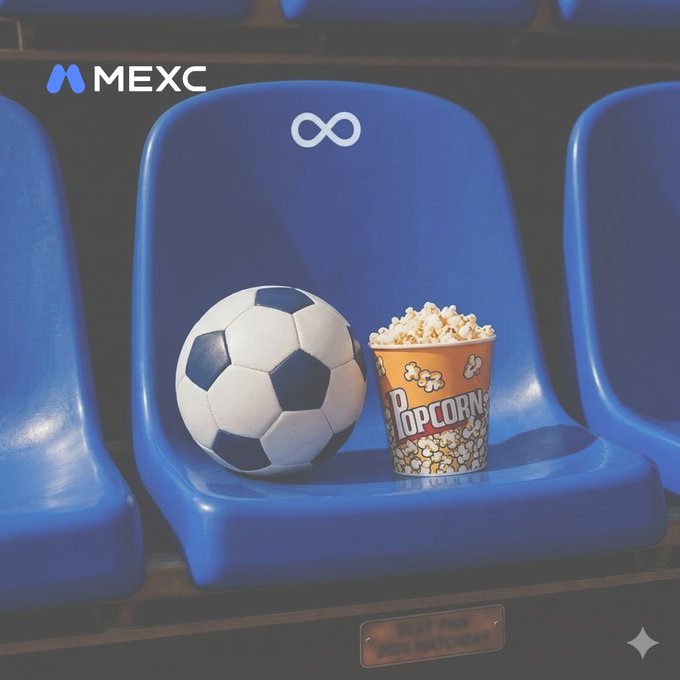 A soccer ball and popcorn sit on blue stadium seats beneath the MEXC logo and infinity symbol, echoing the caption's playful contrast between casual fans and profit-driven spectators.