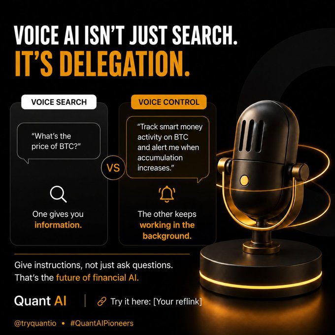 An advertisement for 'Quant AI' with the headline 'VOICE AI ISN'T JUST SEARCH. IT'S DELEGATION.', comparing 'VOICE SEARCH' and 'VOICE CONTROL' features alongside an image of a vintage microphone.