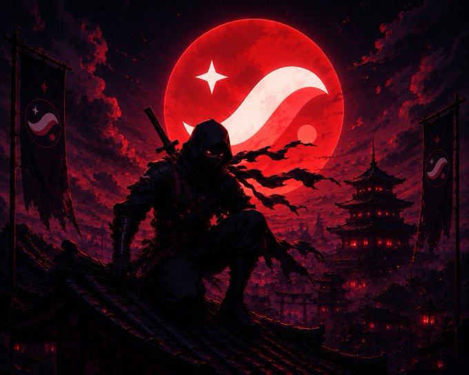 The image features a man dressed as a ninja, sitting atop a roof with his legs crossed while holding a sword. The background of the image shows a large red circle with a white star at its center, surrounded by buildings that appear to be under attack or in ruins. The caption reads "Full shinobi mode on Starknet soon. 7 days left. Stay tuned." This suggests that there is an impending battle or conflict involving the ninja character and the surrounding cityscape.
