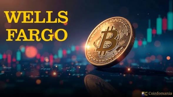 The image shows a Bitcoin coin alongside "WELLS FARGO" text and a candlestick chart background, with the Coinfomania watermark visible. This visually represents the news of Wells Fargo's nearly $500 million Bitcoin investment through 6.5 million shares disclosed in their SEC filing.