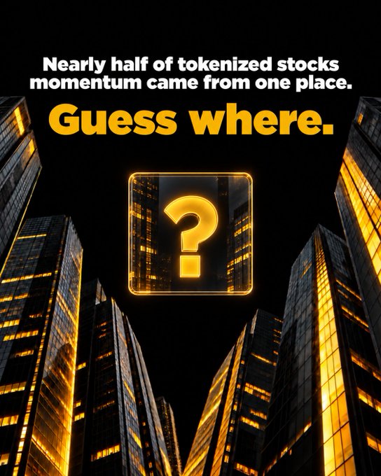 A graphic with text reading "Nearly half of tokenized stocks momentum came from one place. Guess where." alongside a glowing yellow question mark over a dark cityscape of illuminated skyscrapers, teasing readers to identify the single source driving tokenized stock growth.