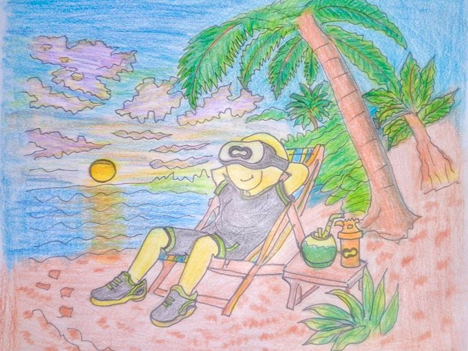 A colorful pencil/crayon drawing depicts a yellow-skinned character relaxing in a beach chair on a sandy shore, wearing a VR headset, with palm trees, a sunset, and a coconut drink nearby.