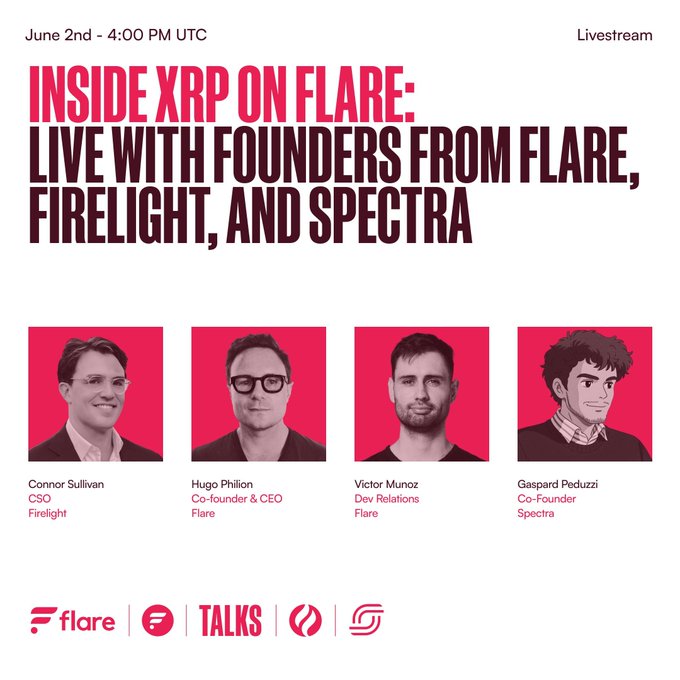 The image features a poster for an event called "Inside XRP on Flame", which appears to be a live streaming event. The poster includes four men's faces, each with different expressions, and they are all wearing glasses. The text on the poster reads "Live with Founders from Flame, Firelight, and Spectra". There is also information about the event in the form of a caption below the image.