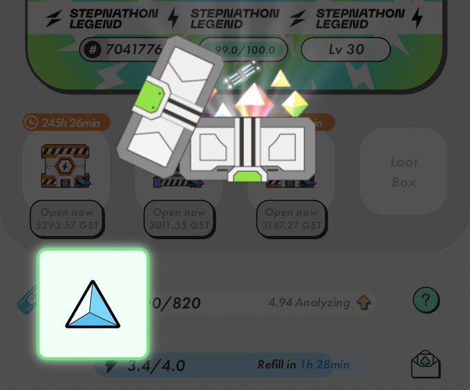 A screenshot from the STEPN app's 'Stepnathon Legend' event showing loot boxes and a highlighted token icon with stats '0/820', '4.94 Analyzing', and '3.4/4.0 Refill in 1h 28min'.