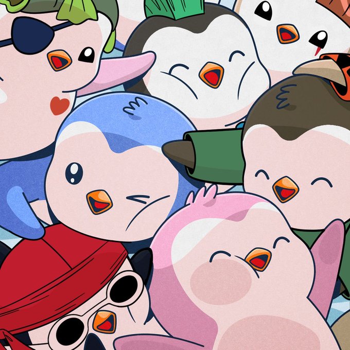 An illustration featuring multiple cute cartoon penguin-like characters with orange beaks and various accessories including sunglasses, hats, and headbands in a close-up crowded composition.