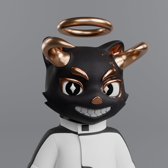 A 3D rendered character resembling a black cat with rose-gold metallic horns and a matching halo, wearing a white collared outfit against a plain gray background.