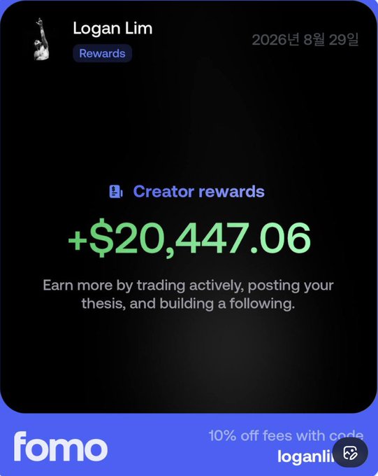 A mobile app screen showing creator rewards of +$20,447.06 for Logan Lim, with a promo code 'loganli' for 10% off fees on fomo.
