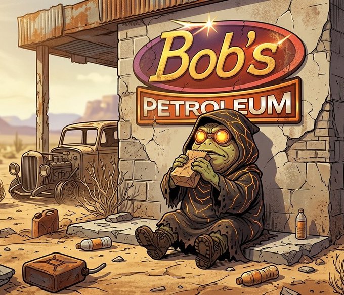 The image features a cartoon character, possibly a frog or a monster, sitting next to a sign that says "Bob's Petrolium". The character appears to be eating something out of a bag while wearing a robe with a hood on its head. In the background, there is an old car and some bottles scattered around.